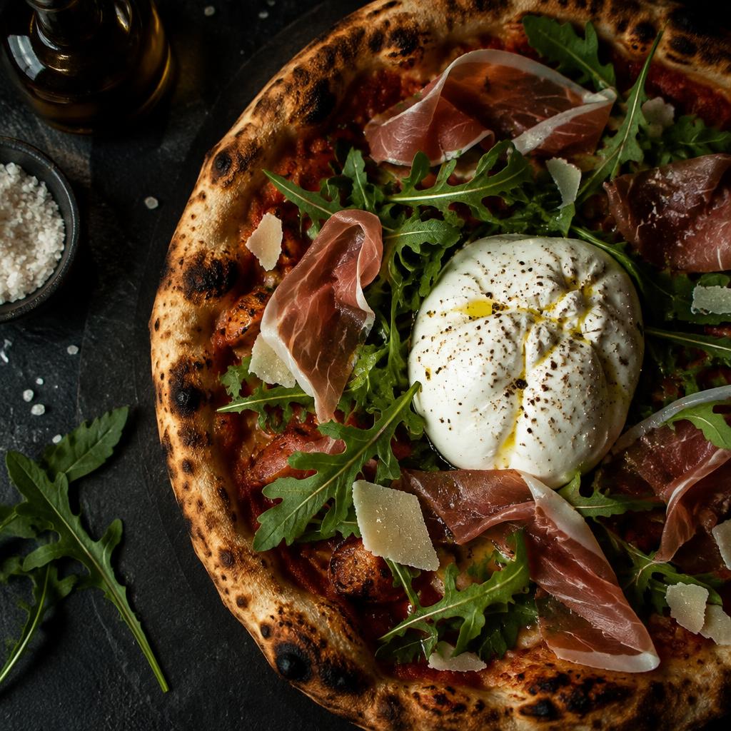 Pizza med burrata och prosciutto